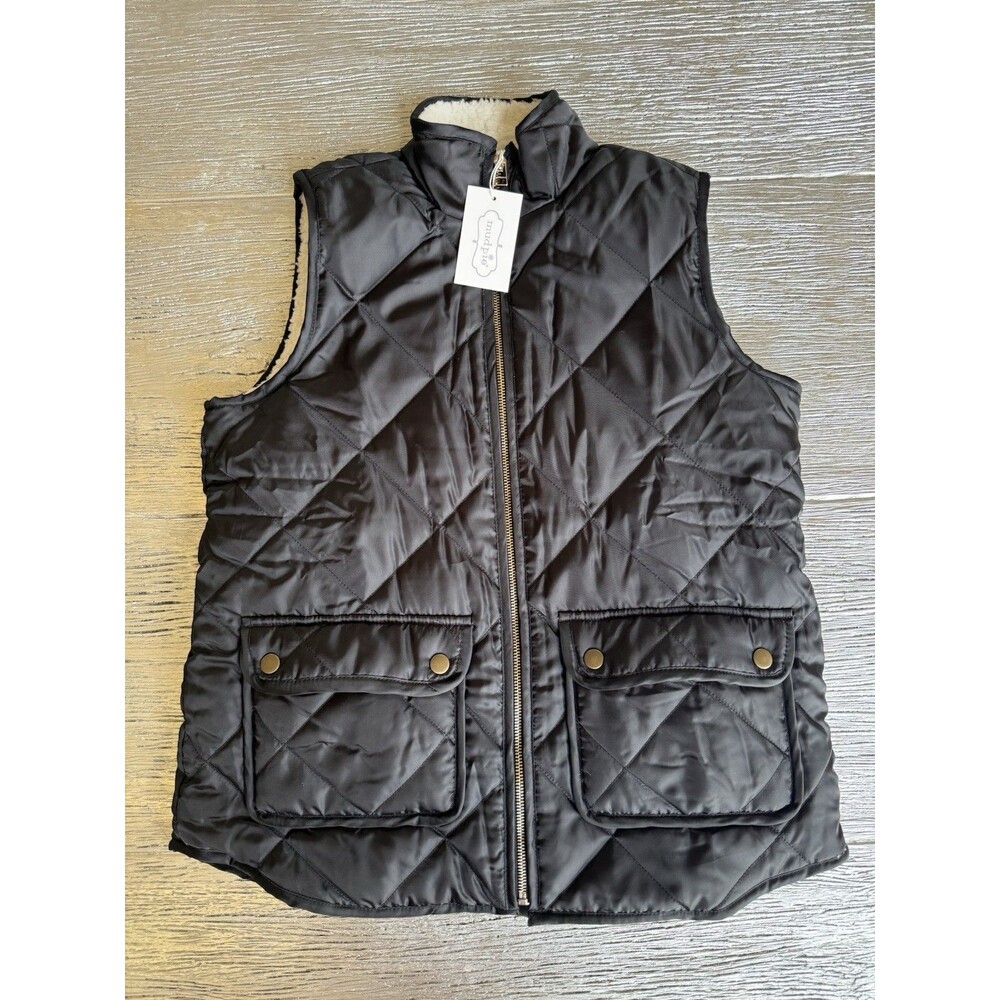 Mud Pie Duncan Sherpa Vest Women’s Small Black Quilted Fleece Lined NWT